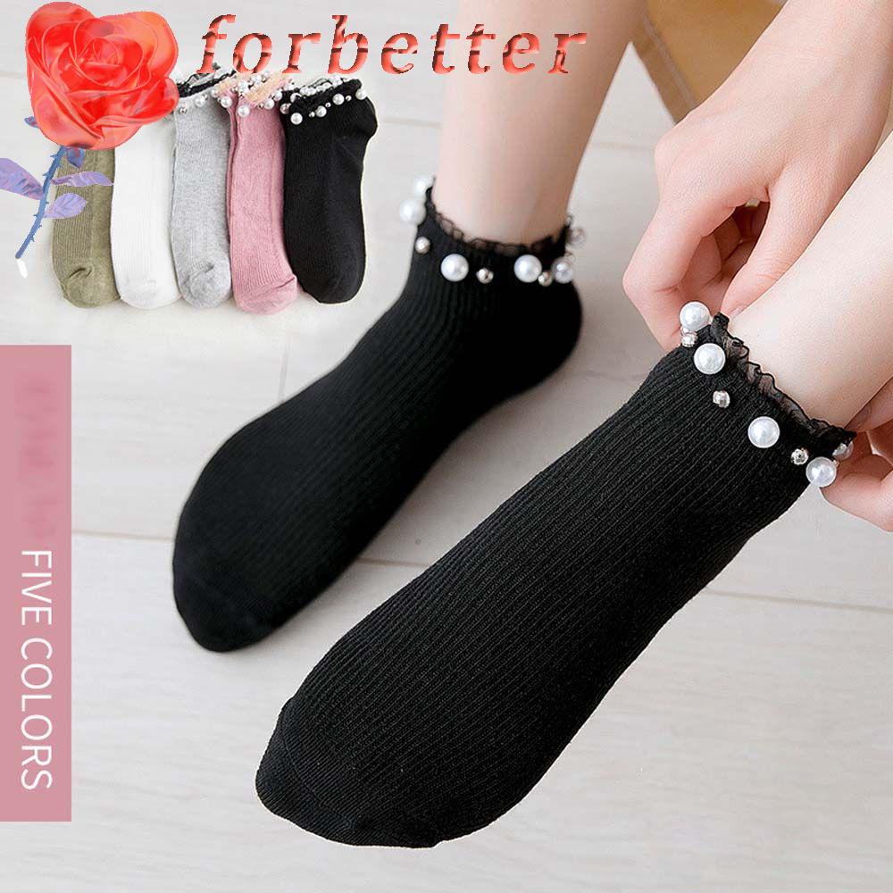 Vớ cổ cao màu trơn phối ren đính ngọc trai nhân tạo dành cho phái đẹp