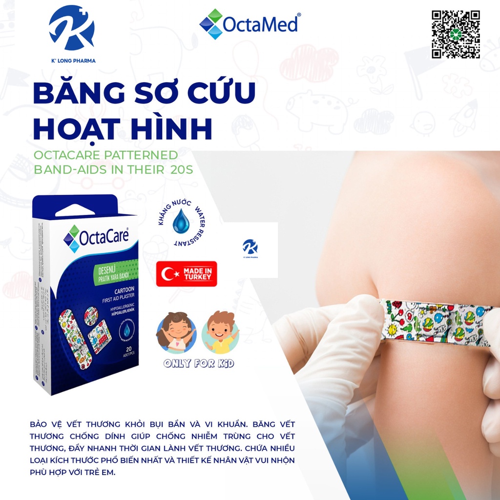 Băng Dính Sơ Cứu Hoạt Hình Dành Cho Trẻ Em, Tiệt Trùng, Bóc Không Đau, Không Thấm Nước Octacare - Hộp 20 Miếng