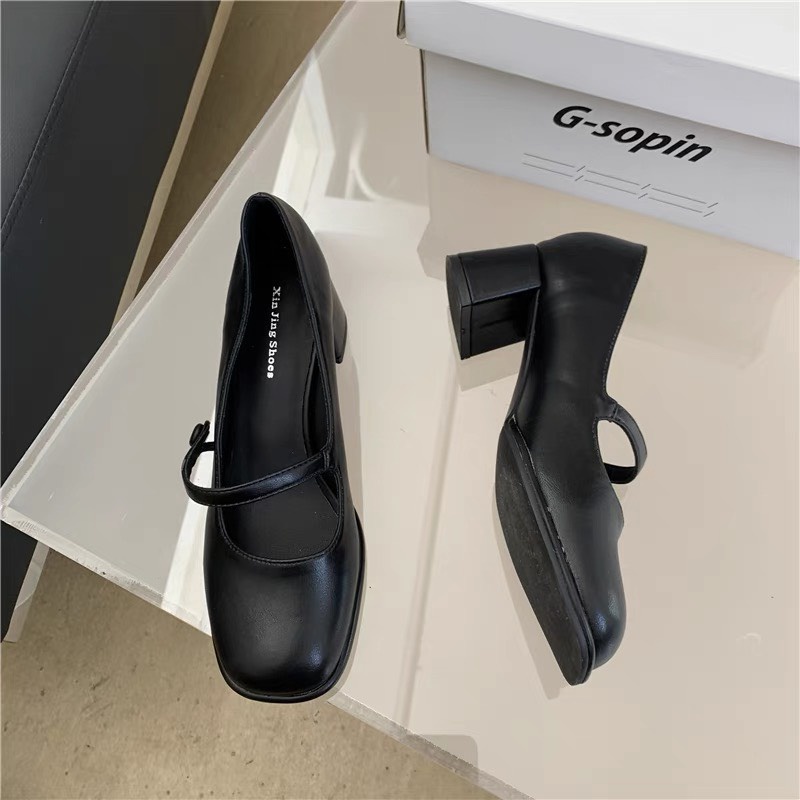 Giày nữ thời trang Vintage da bóng quai ngang đế 7 phân