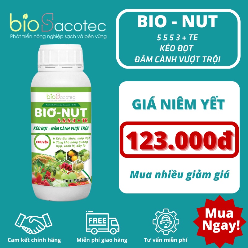 Bio Nut - dinh dưỡng hữu cơ chuyên bón lá, là sản phẩm kéo đọt khoẻ, mập đọt, kích thích ra rễ, tăng khả năng quang hợp