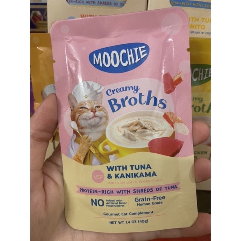 Pate Moochie Creamy Broths dạng thịt & nước xương hầm cho mèo gói 40g