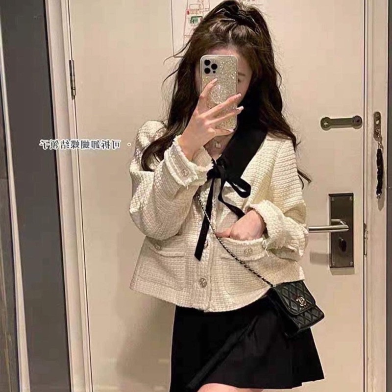 Áo khoác dạ tweed cổ nơ (ảnh thật/ có sẵn)