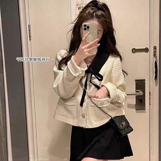 Áo khoác dạ tweed cổ nơ