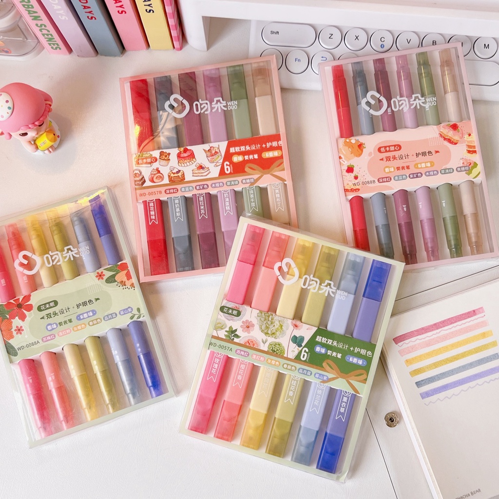 Bộ 6 Bút Lông Hai Đầu Ngòi Mềm Bắt Sáng Màu Retro