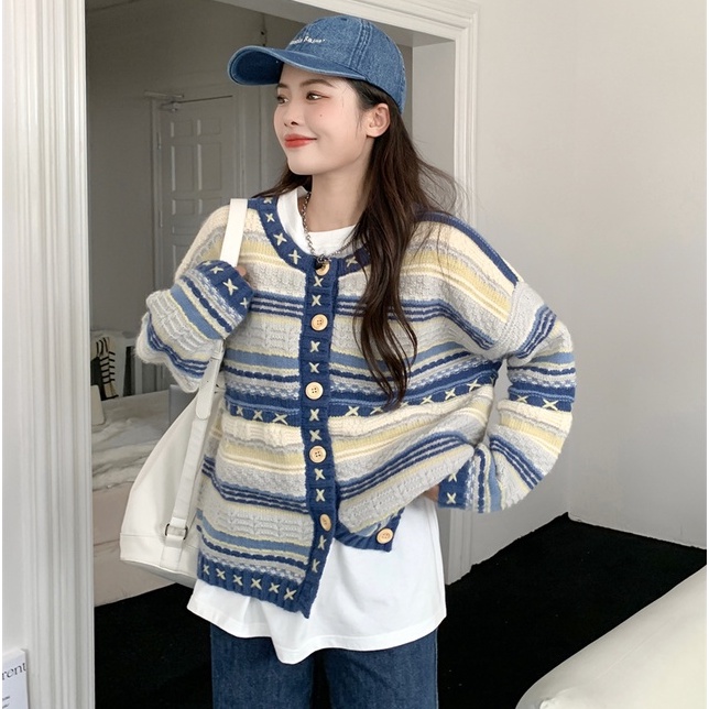 Áo khoác len nữ dài tay cổ tròn phối màu vintage, áo khoát len cardigan nữ phong cách hàn quốc 6434