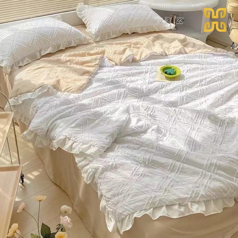 Freeship 🍀 Bộ chăn ga cotton đũi viền bèo đính hoa bi - set chăn chần 4 món - may ga theo yêu cầu - hàng nhập loại 1