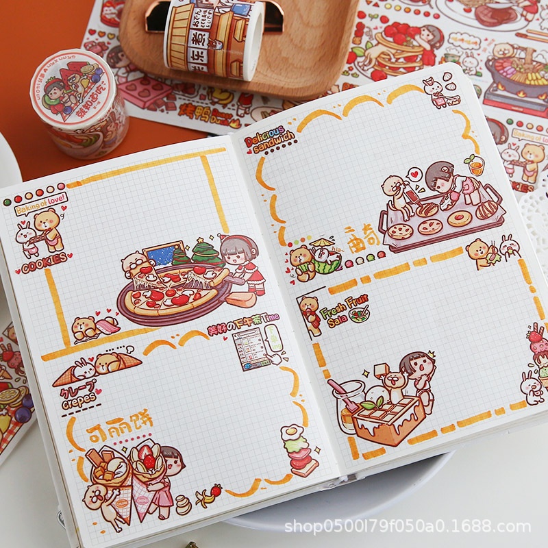 Mochi nhỏ Cuộn nhãn dán họa tiết hoạt hình dễ thương dùng để trang trí diyToàn bộ băng keo