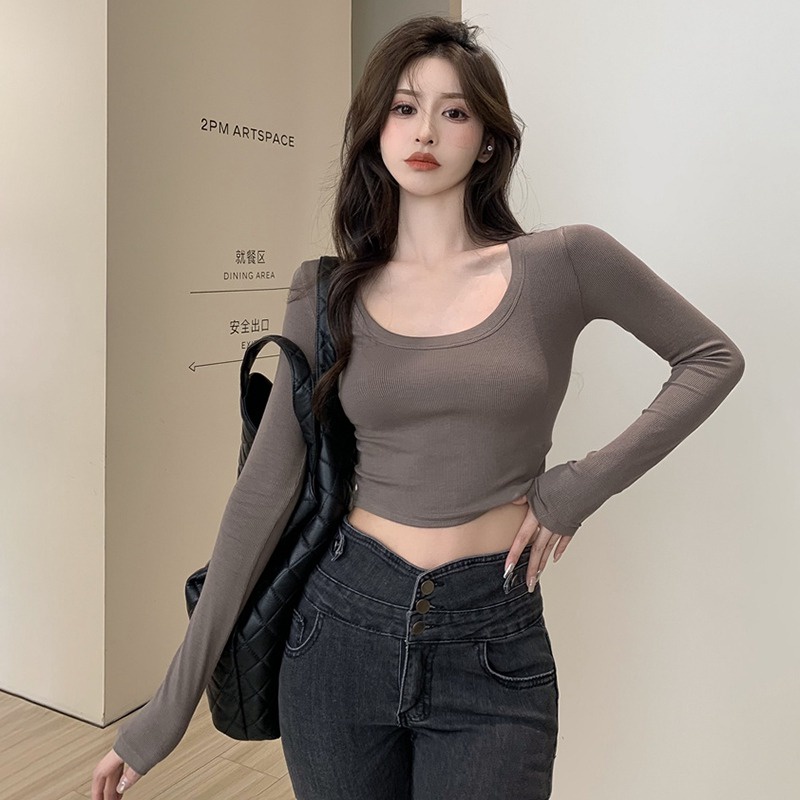 Áo Thun Croptop Tay Dài Cổ Chữ U Màu Trơn Thời Trang Hàn Quốc Cho Nữ