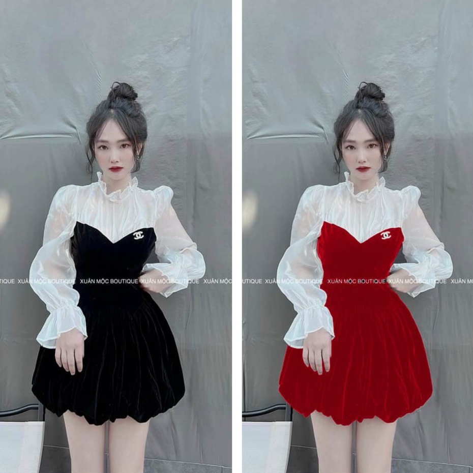 đầm xòe dáng ngắn tay dài cổ bèo dễ thương, thích hợp đi chơi, đi tiệc, đi cưới