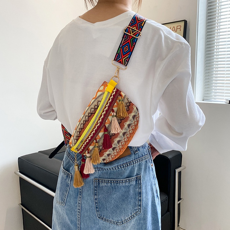 Túi Đeo Chéo Có Khóa Kéo Phối Tua Rua Phong Cách Dân Tộc Thời Trang Cho Nữ
