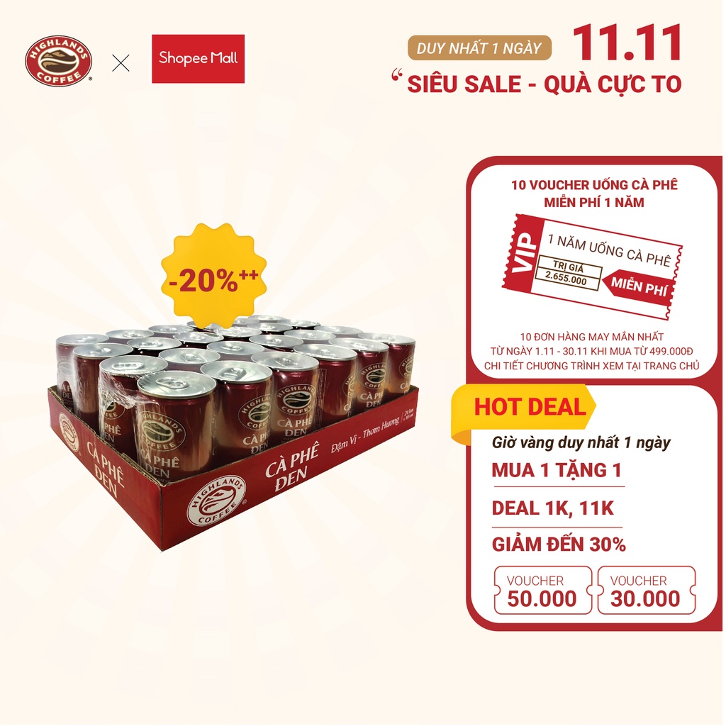 Thùng 24 Lon Cà Phê Đen Highlands Coffee 185ml/lon