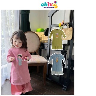 Áo dài cách tân cho bé gái chất nhung cao cấp thêu họa tiết cô gái đẹp mắt và dễ thương hàng loại 1