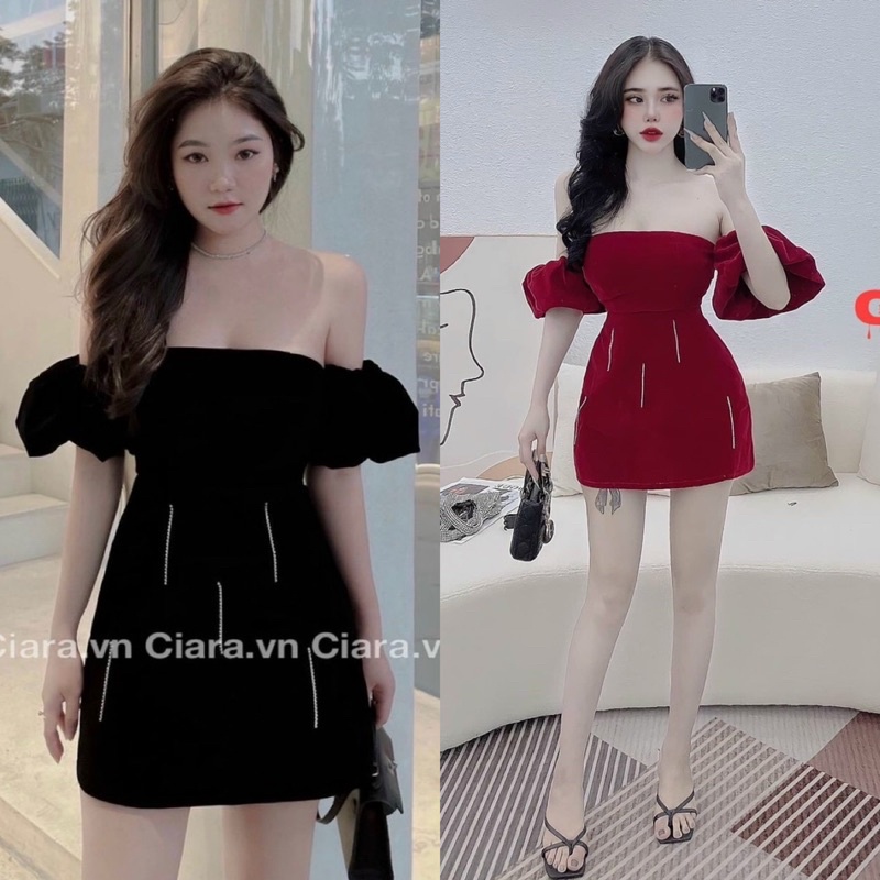 Đầm nhung đen đỏ cúp ngực hở bẹt trễ rớt vai tay bồng/phồng đính đá, váy ngắn dáng chữ A sang trọng dự tiệc cưới đi chơi