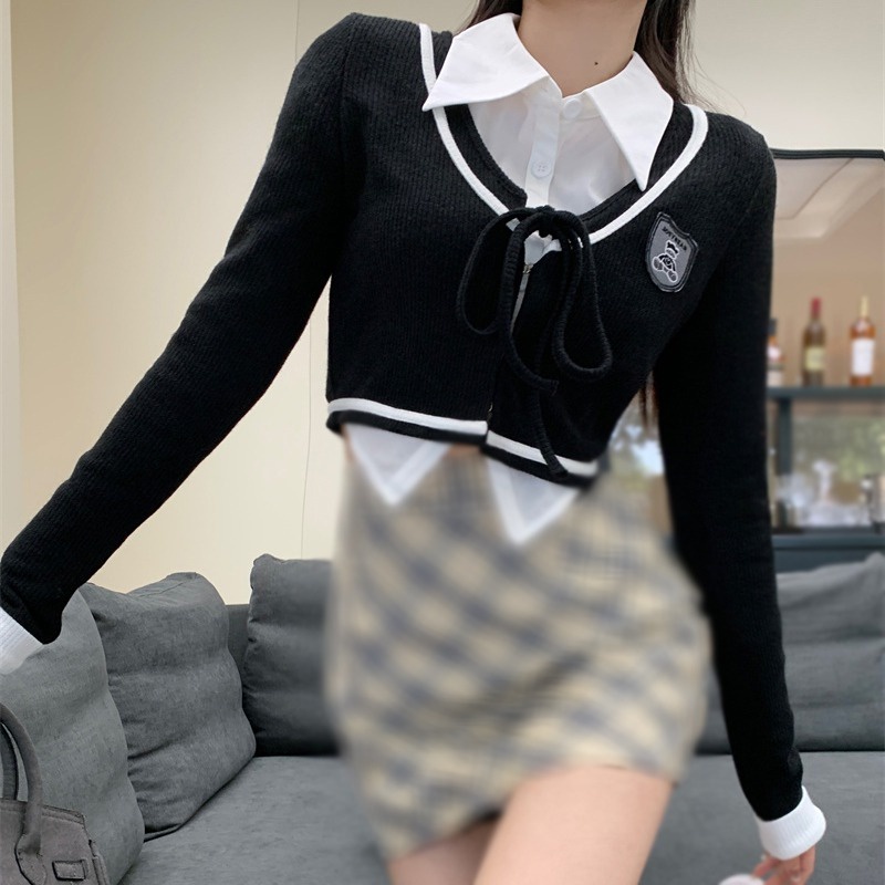 Áo Cardigan Dệt Kim Tay Dài Cổ Tròn Màu Sắc Tương Phản Thời Trang Cho Nữ