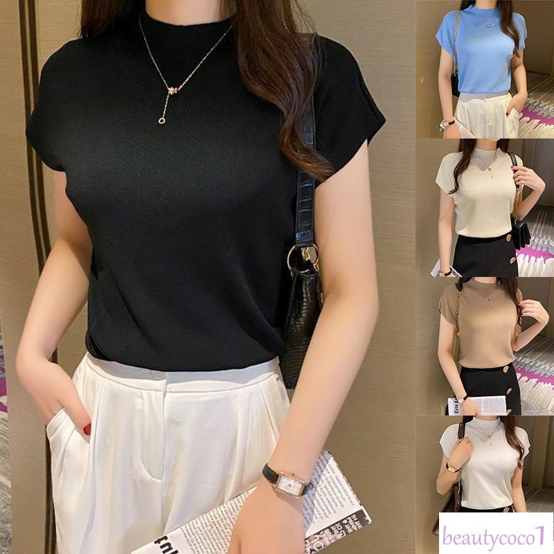 🎀Áo len dáng rộng mềm mịn cộc tay, Áo len cổ cao 3 phân vai hến ngắn tay Hàn Quốc nữ
