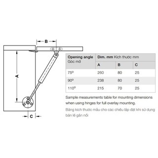 Pittong đẩy cánh tủ, lực 60n, 80n, 100n, 120n, 150n häfele 373.82...