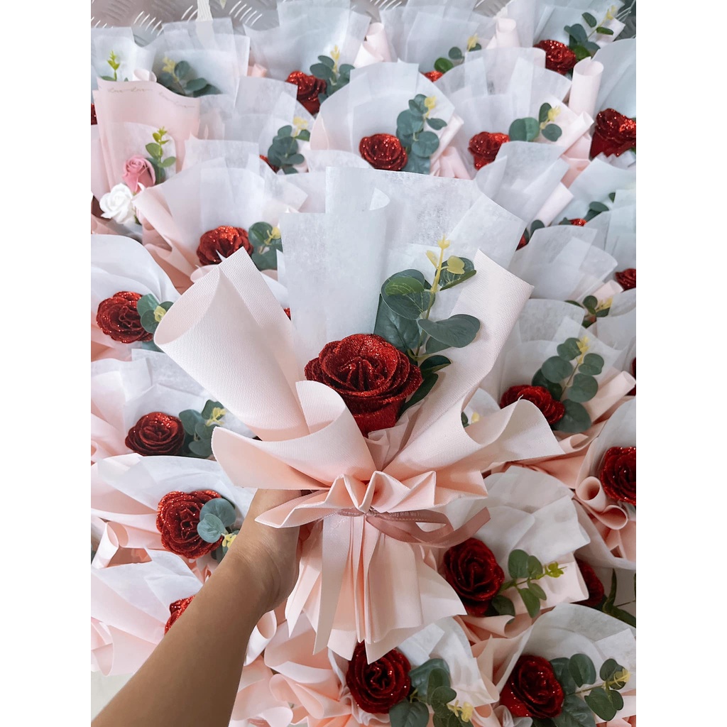 Set hoa sáp nhũ 1 bông giấy không nhăn kèm túi thiệp tặng 8/3 20/10 20/11