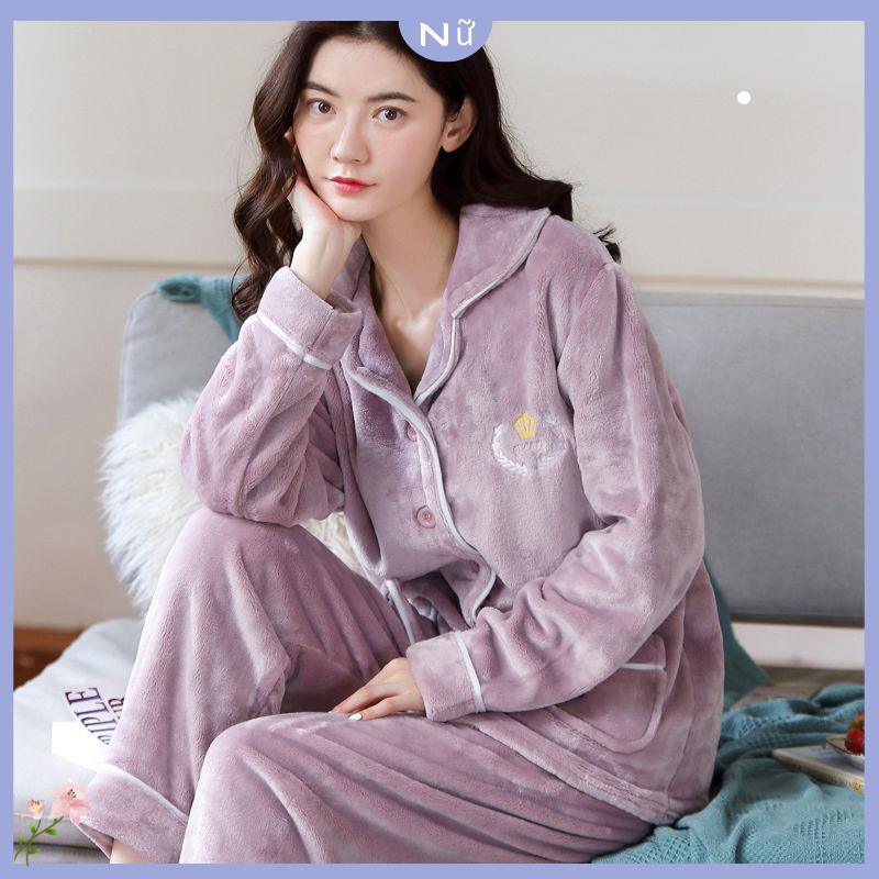 B Ng o Bộ Đồ Ngủ Dài Tay Lót Lông Cừu San Hô Dày Dặn Giữ Ấm Mùa Thu Đông Cho Nữ