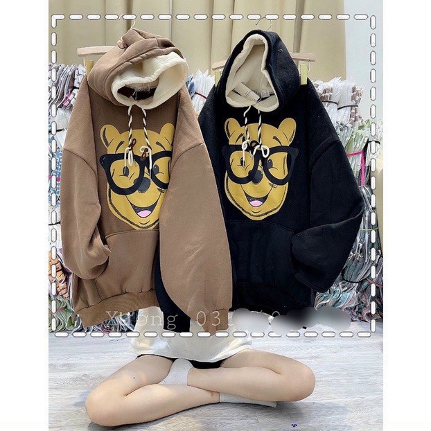 Áo Hoodies Nữ Gấu Đeo Kính Vải Nỉ Dày 2 Nón Form Rộng Mặc Đẹp NEW UNISEX