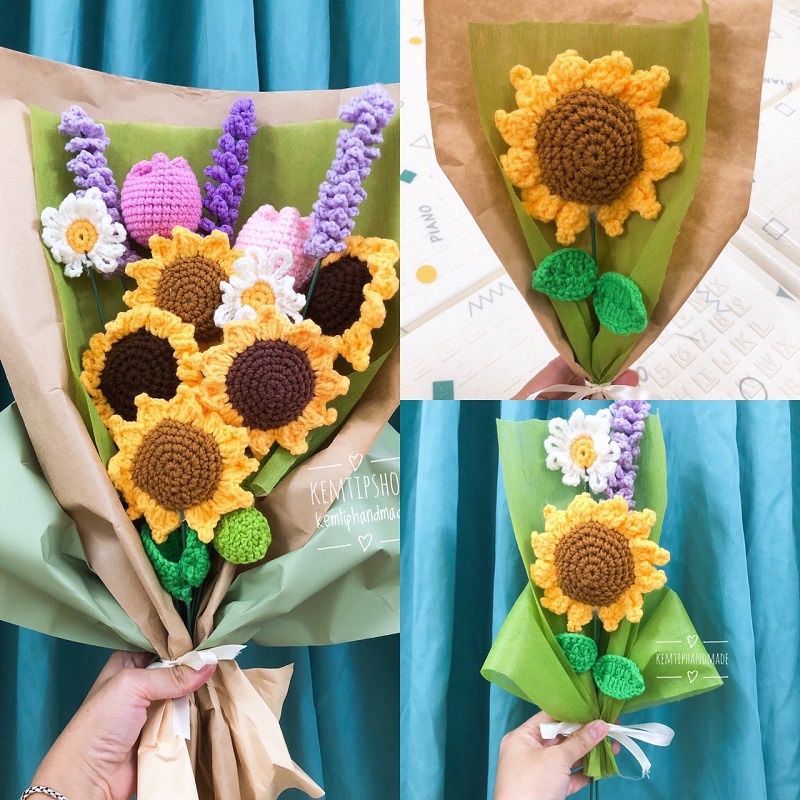 Hoa giả len handmade, hoa móc tay hướng dương, tulip (hàng có sẵn)