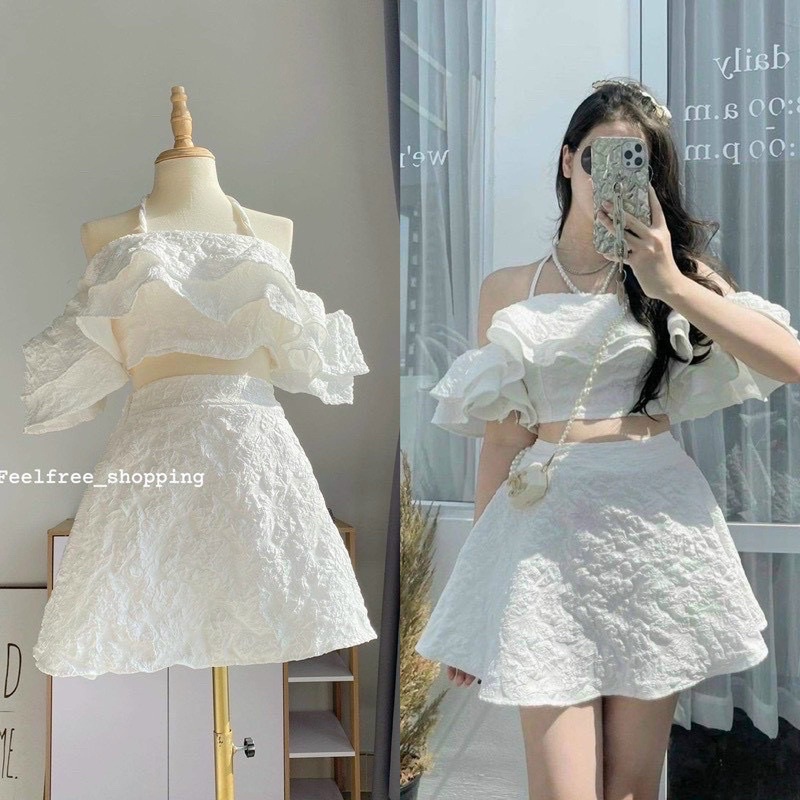 Set yếm trễ vai gấm và chân váy xoè và set áo dây cột siêu hot phong cách Hàn Quốc