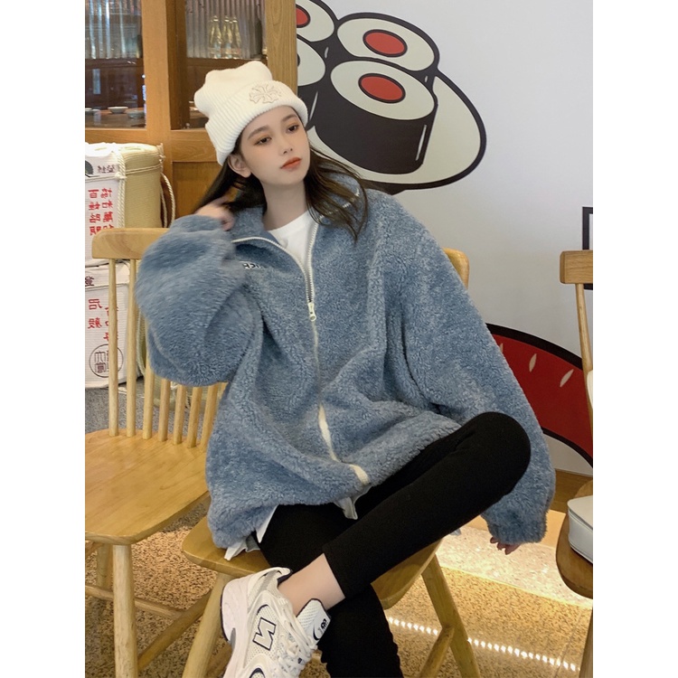 Áo Khoác Cardigan Len Lông Cừu Dày Dặn Dáng Rộng Cổ Đứng Kiểu Hàn Quốc Thời Trang Mùa Đông Ấm Áp Cho Nữ