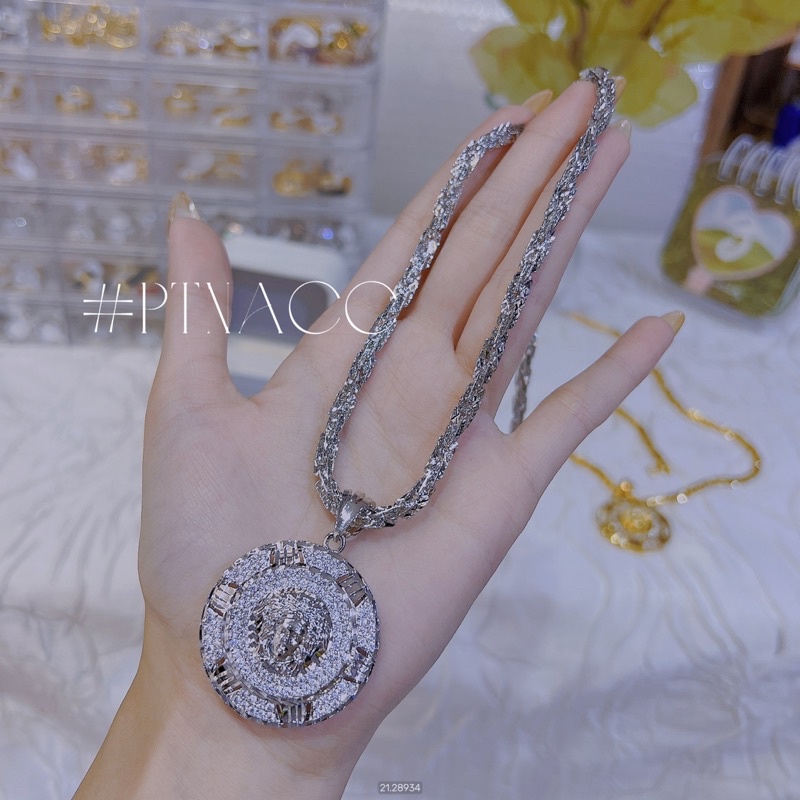 Dây chuyền, vòng cổ xi bạch kim xoắn vuông phối mặt Vers thương hiệu đính soàn .PTNACC.