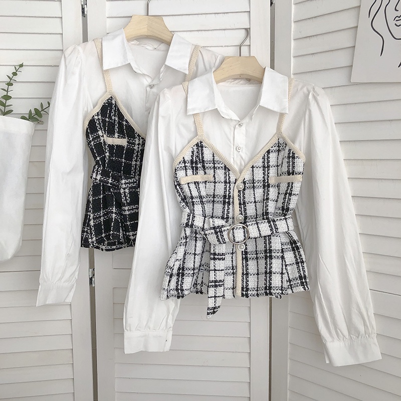 Áo Sơ Mi Mix Dạ 2 Dây Phong Cách Retro Cùng Đai Eo Kèm Ảnh Thật Khách Mặc
