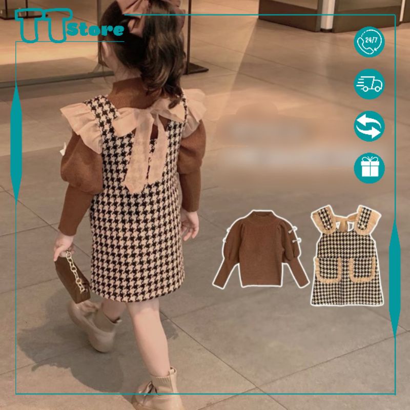 Sét váy dạ 22460 Sét áo tăm gân tay bồng mix yếm dạ đan phối cúc thật cho bé gái size 10-25kg (sơ sinh - 15 tuổi)