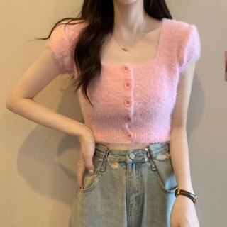 Áo Croptop Dệt Kim Ngắn Tay Cổ Vuông Ôm Dáng Xinh Xắn Dành Cho Nữ