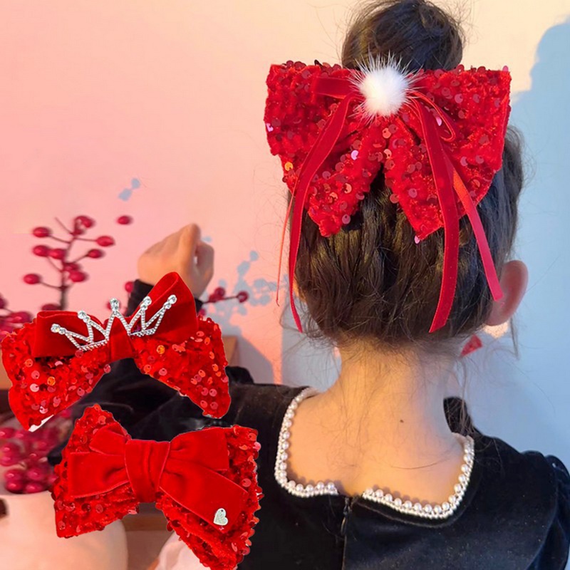 Kẹp Tóc Hình Nơ Phối Tua Rua Màu Đỏ Phong Cách Trung Hoa Mừng Năm Mới Cho Bé Gái