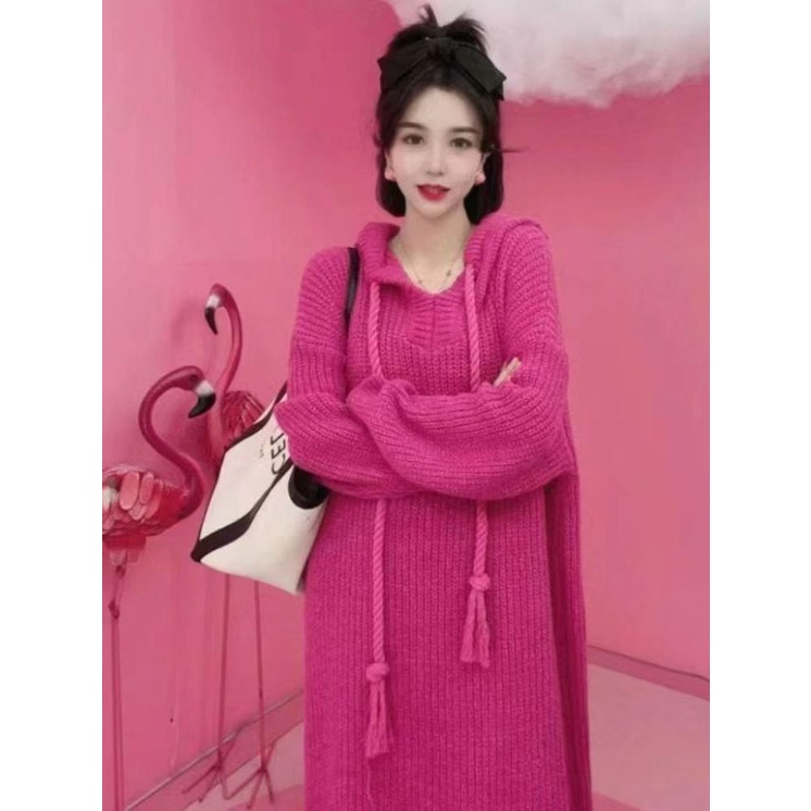 Đầm Sweater Dệt Kim Tay Dài Có Mũ Trùm Dáng Rộng Phong Cách Hàn Quốc Thời Trang Thu Đông 2023 Mới