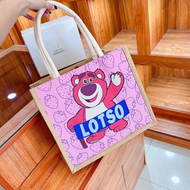 Túi tote đeo vai cỡ lớn gấu dâu hồng lotso xinh xắn cho nữ hot trend De Perier