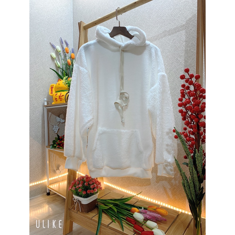 Áo khoác hoodie lông cừu form rộng có mũ phong cách Hàn Quốc, màu trắng cho nàng mùa đông ấm áp.TH66