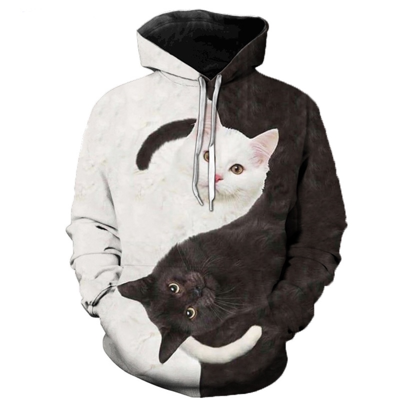 Áo Hoodie In Hình Mèo Trắng Đen 3D Thời Trang Harajuku Đường Phố 2022
