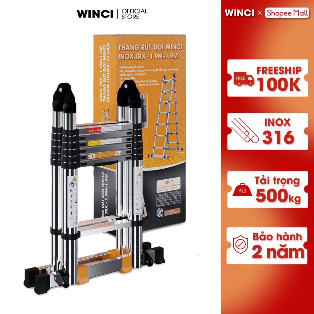 Thang rút inox chữ A Winci TRX, chất liệu inox 316, Có bánh xe di chuyển, Bảo hành 2 năm.