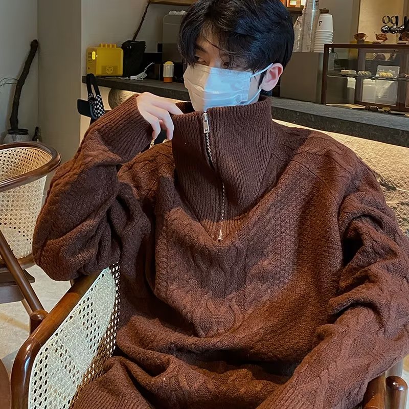 Áo Sweater Dệt Kim Cổ Lọ Có Khóa Kéo 3 Màu Thời Trang Thu Đông Phong Cách Hàn Quốc Cho Nam