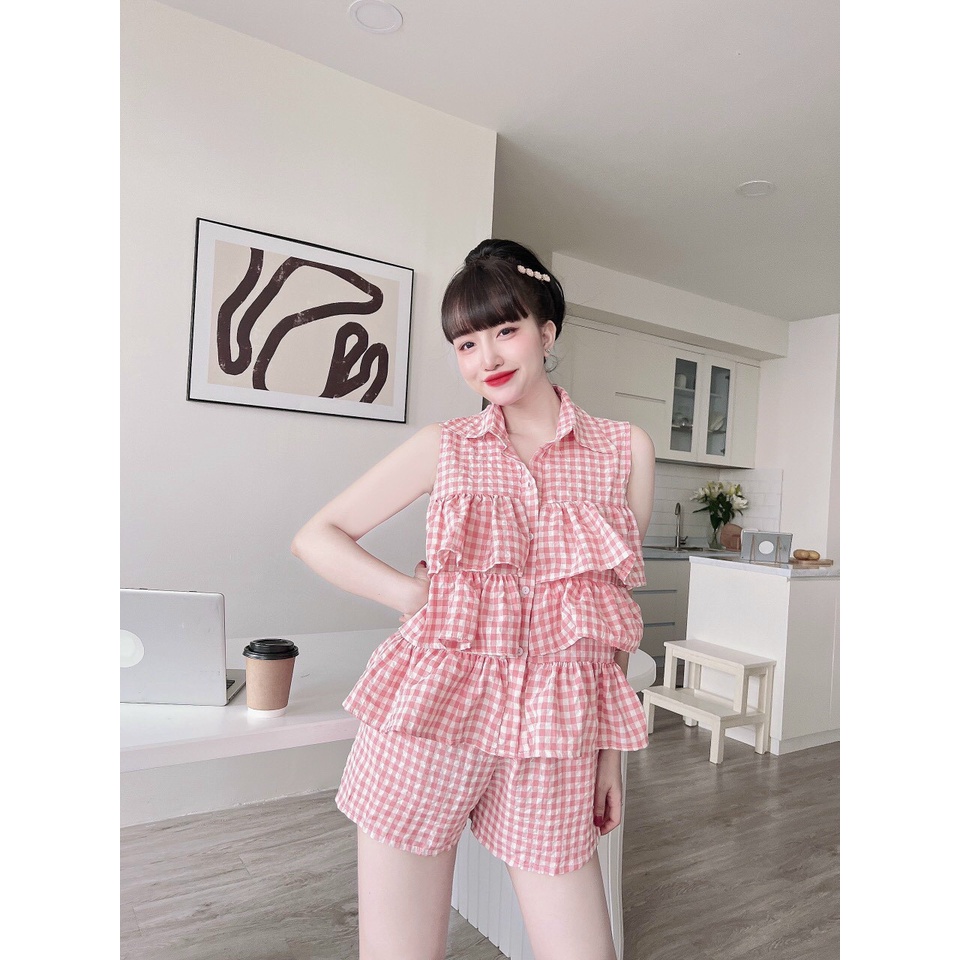 [11.11 Sale Freeship] Set bộ tiểu thư nữ,set đũi xốp áo cổ bẻ tầng mix quần sooc đùi kẻ caro đi chơi dạo phố dễ thương