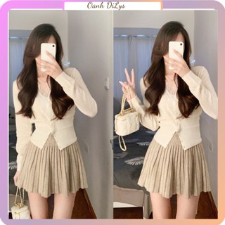 Sét áo len dài tay cài khuy kết hợp ren + chân váy len xếp ly thời trang hàng order taobao nhà Oanh Dilys