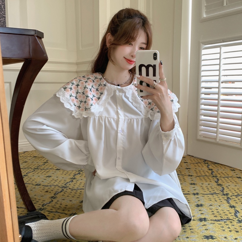 Áo sơ mi SUXI dài tay cổ búp bê họa tiết hoa dễ thương phong cách Hàn Quốc thời trang mùa thu dành cho nữ