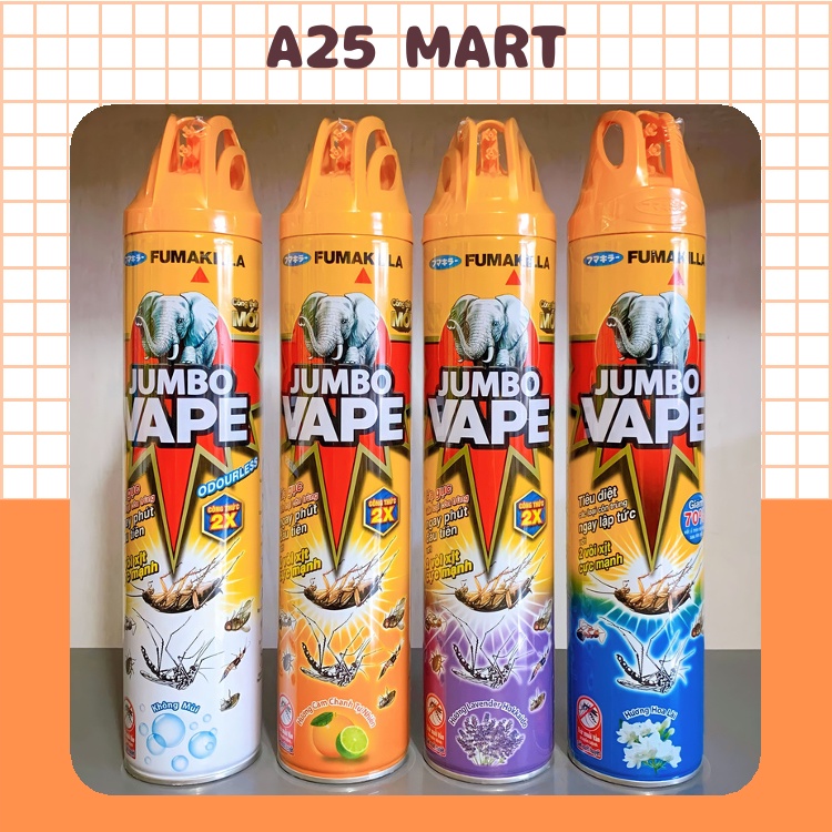 Bình Xịt Muỗi/ Côn Trùng Jumbo Vape Hương Lavender, Cam Chanh Tự Nhiên, Không Mùi, Hoa Lài 600ml