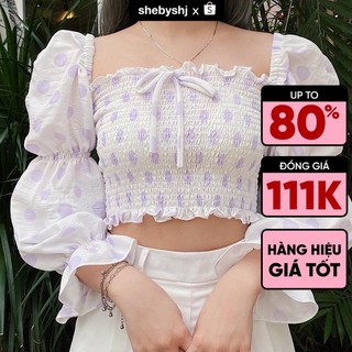 Áo croptop SheByShj tay dài họa tiết chấm bi tím - Dottie Top