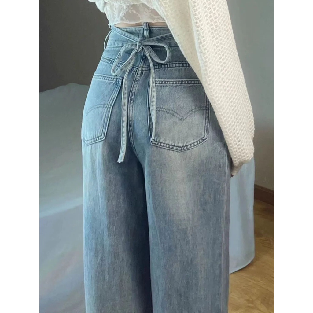 Quần jean NRVP dài ống rộng phối dây cột phong cách Hàn Quốc cho nữ