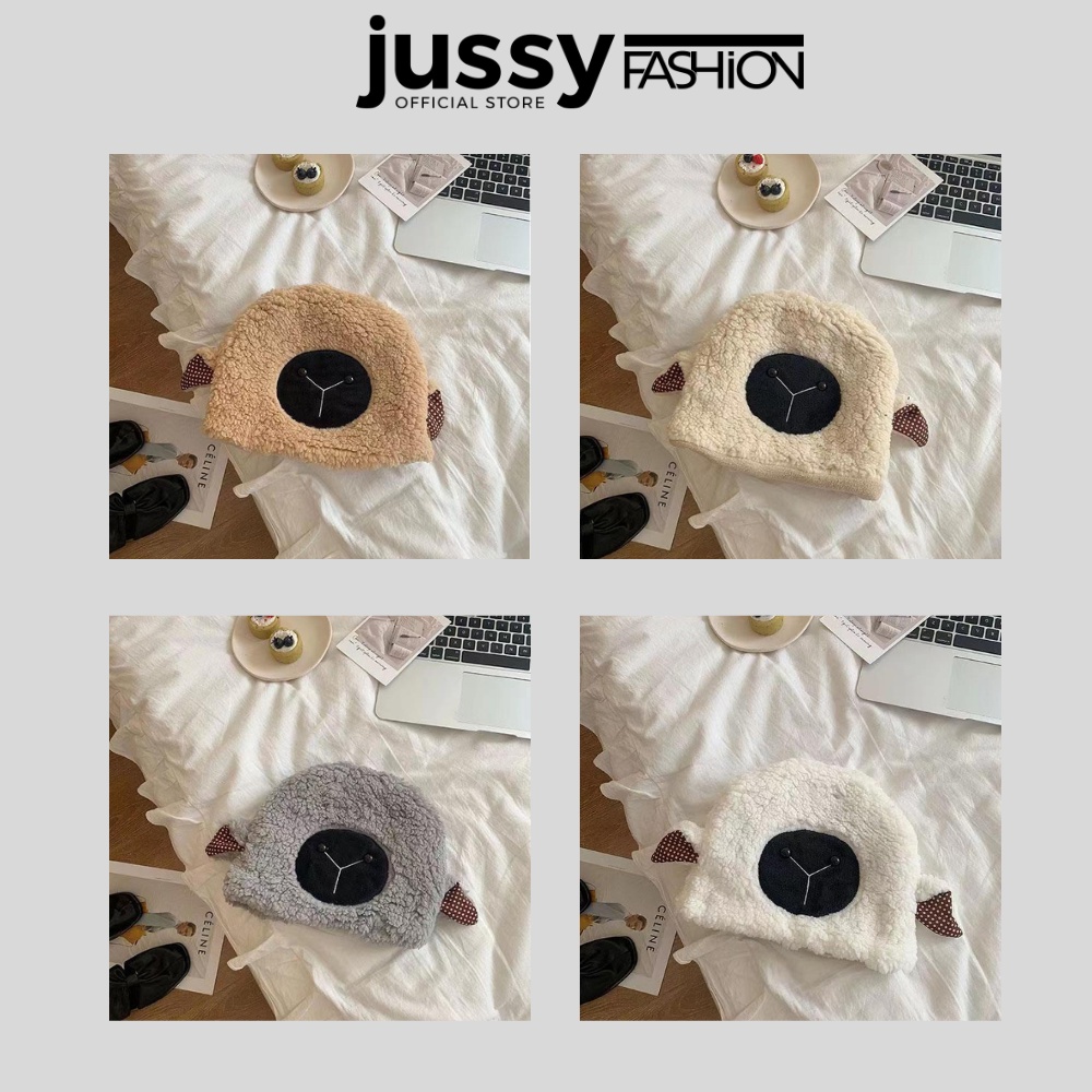 Nón Bucket Lông Hình Mặt Cừu Jussy Official Mũ Len Lông Cừu Bông Mịn Ấm Áp Nhiều Màu Hot Trend