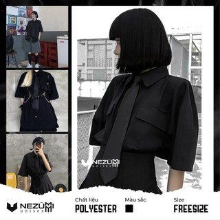 (Sẵn đen, trắng) Áo sơ mi tay lỡ túi hộp đen trơn form rộng unisex + tặng kèm cà vạt SM1