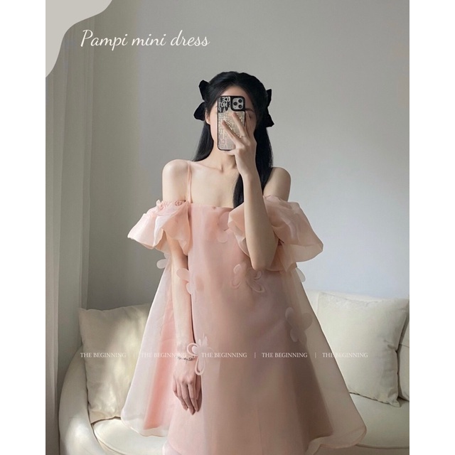 ( Ảnh thật ) Pampi mini dress váy hai dây trễ vai tay bồng