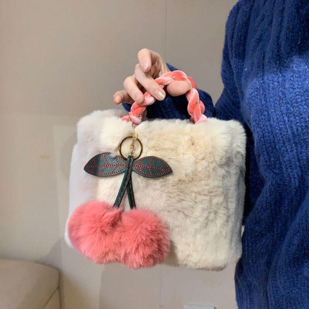 FALLFORBEAUTY Túi Xách Đeo Vai Hình Vuông Cỡ Lớn Phủ Lông In Họa Tiết Trái Cherry Thời Trang Mùa Đông Cho Nữ