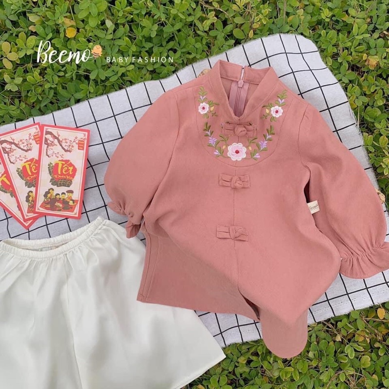 Set áo dài nhung tăm thêu hoa kèm quần cho bé gái từ 8-23kg