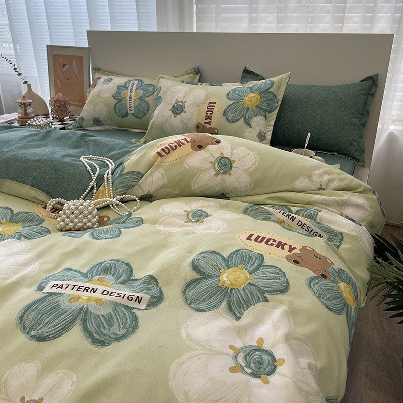 Bộ chăn ga gối cotton poly Hoa xanh gấu lucky ETAMI miễn phí bo chun ga trải giường (chưa kèm ruột)