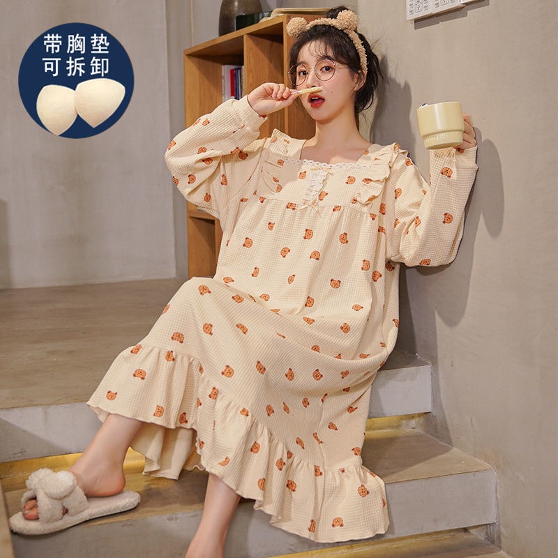 Đầm Ngủ Dài Qua Gối Tay Dài Có Mút Đệm Ngực Chất Liệu Cotton Thời Trang Xuân Thu Cho Mẹ Bầu